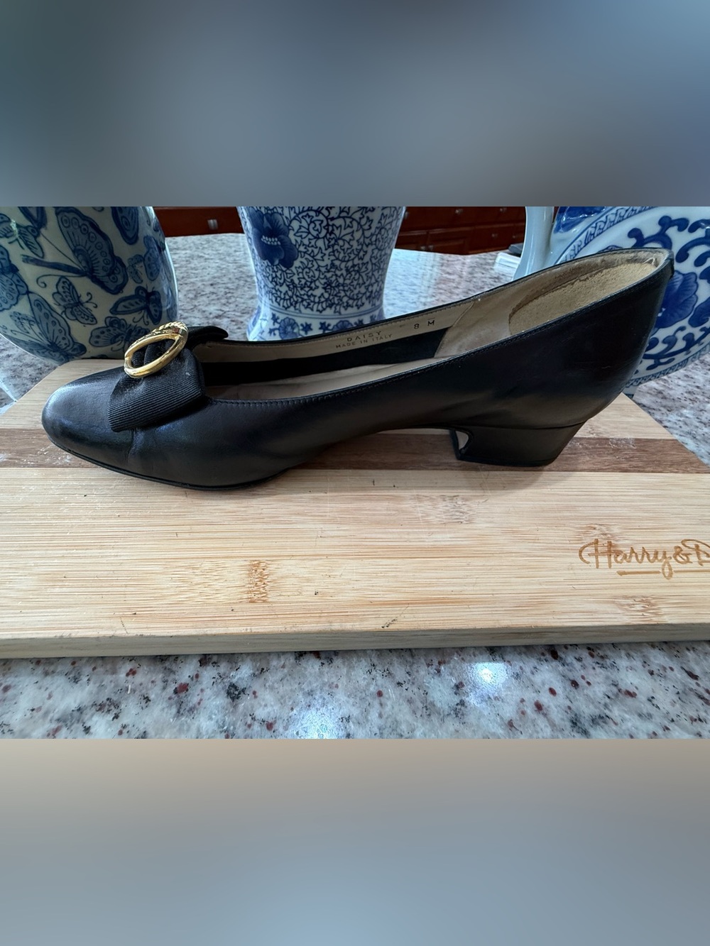 Bally Black Leather Pumps with Bow and Gold-Tone Buckle - Picture 5 of 8
